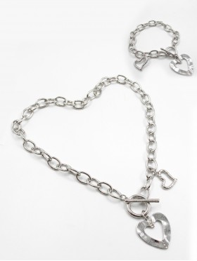 Double Heart Pendant Link Necklace  and Bracelet Set (NC1228 + BR1228)